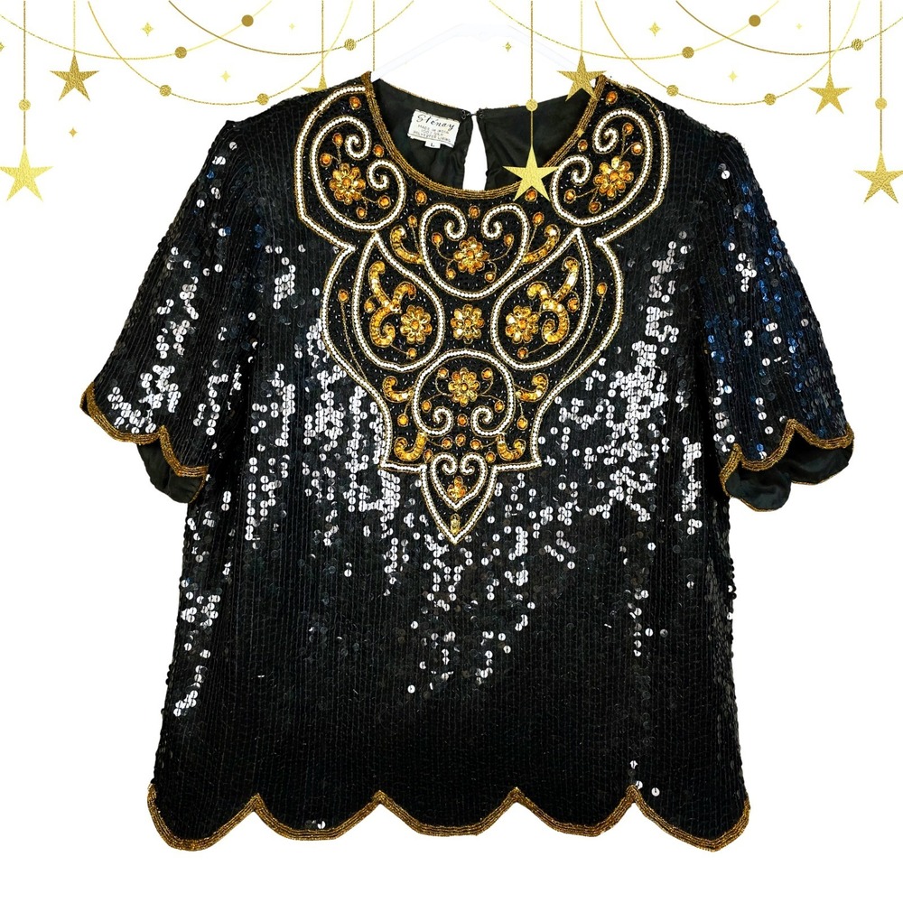 Stenay Black & Gold Beaded Sequin Top‎ Size Large Silk New Years Feminine ✨️ VTG